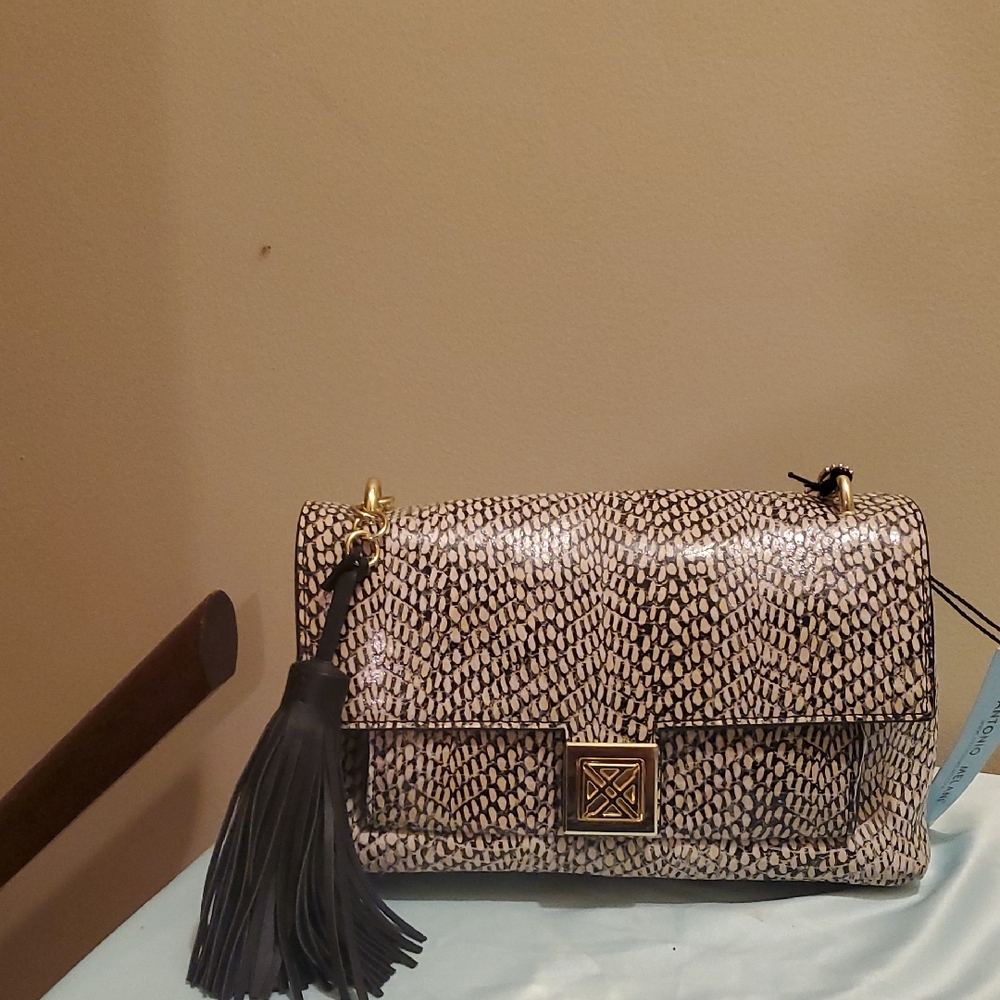 Antonio Melani Snakeprint leather Handbag.black With Leather Tassel.